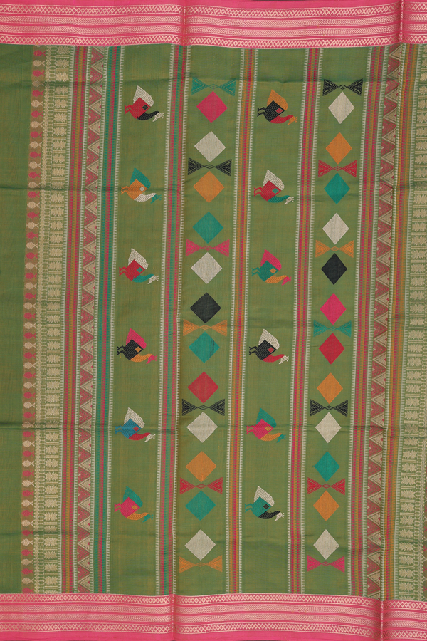 Traditional Silk Cotton Saree In Leaf Green With Zari Buttas