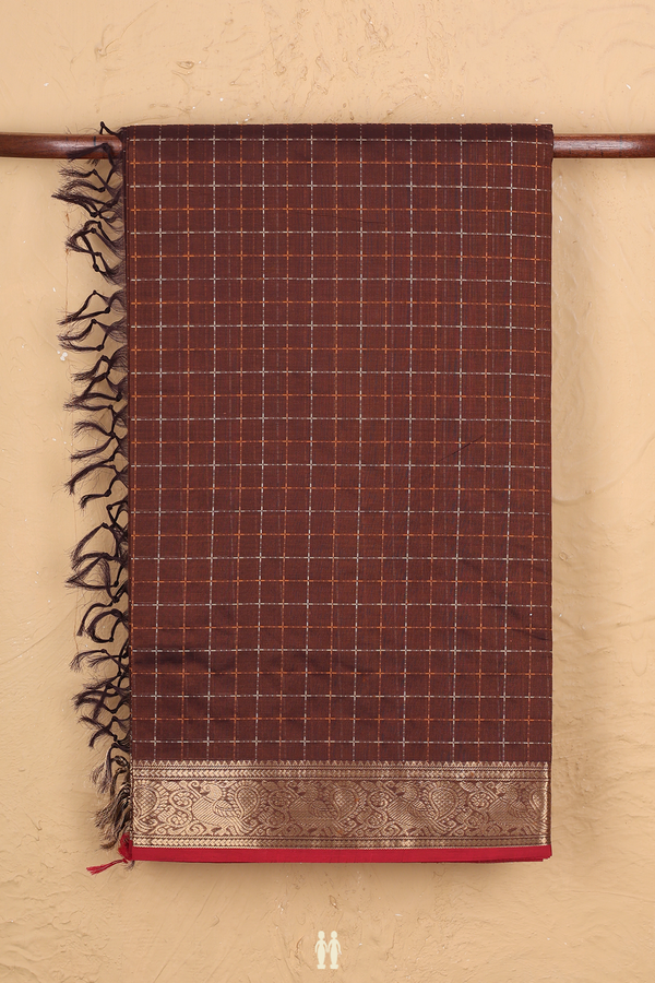 Silk Cotton Saree In Walnut Brown With Checks Design