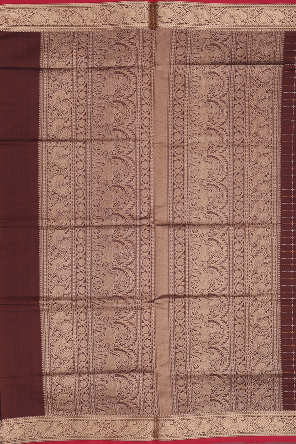 Silk Cotton Saree In Walnut Brown With Checks Design