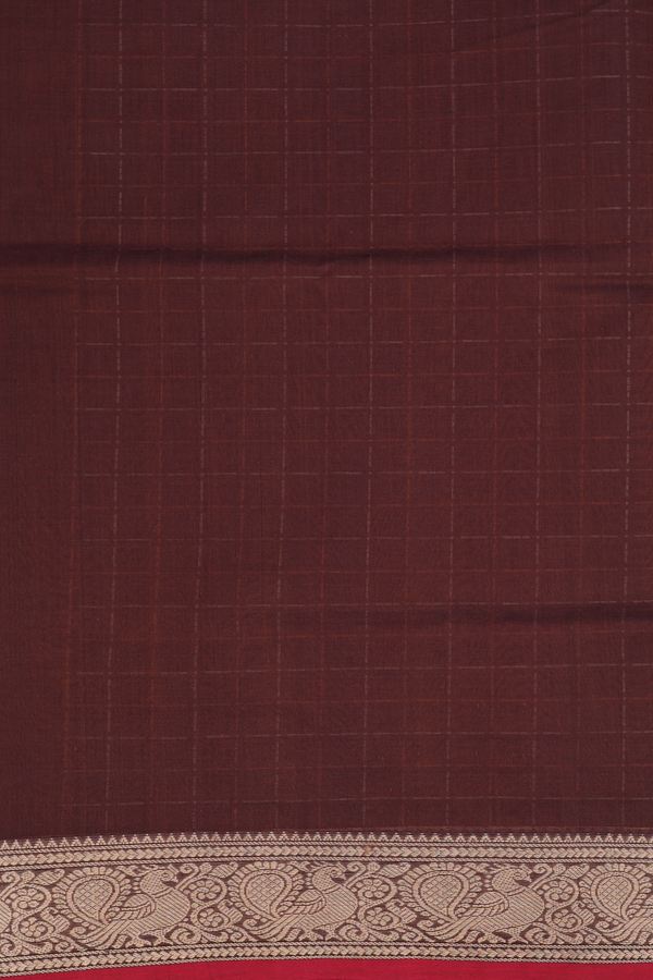 Silk Cotton Saree In Walnut Brown With Checks Design