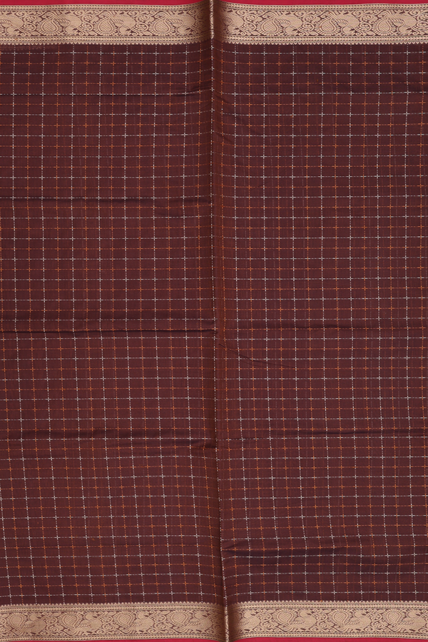 Silk Cotton Saree In Walnut Brown With Checks Design