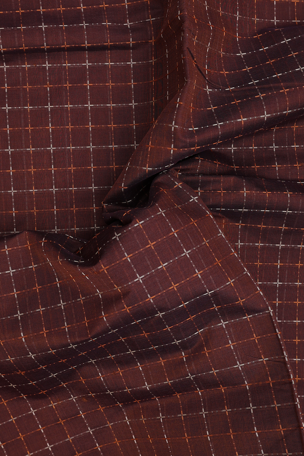 Silk Cotton Saree In Walnut Brown With Checks Design