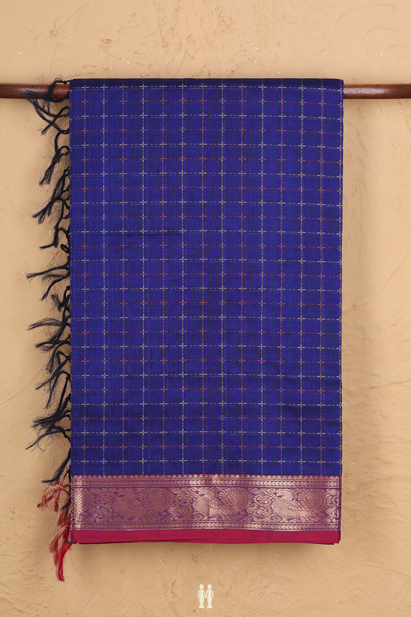 Traditional Silk Cotton Saree In Royal Blue With Checks Design