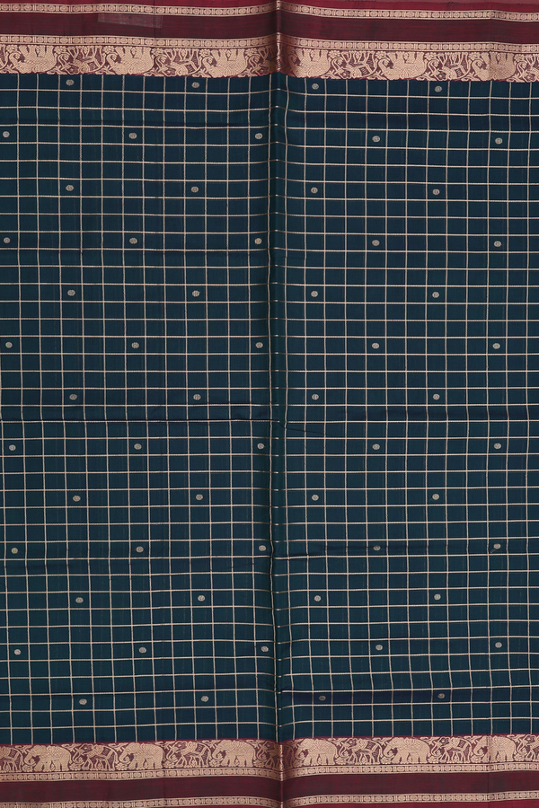 Traditional Silk Cotton Saree In Dark Green With Checks Design