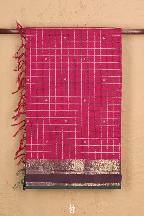 Traditional Silk Cotton Saree In Rani Pink With Checks Design