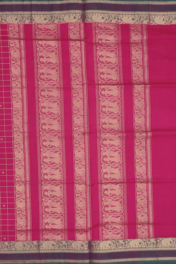 Traditional Silk Cotton Saree In Rani Pink With Checks Design