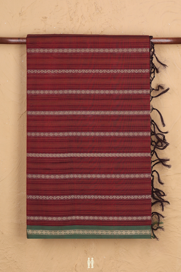 Traditional Silk Cotton Saree In Maroon With Stripes Design