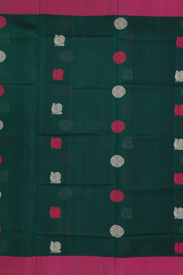 Traditional Silk Cotton Saree In Green With Peacock Buttas