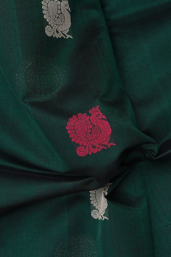 Traditional Silk Cotton Saree In Green With Peacock Buttas