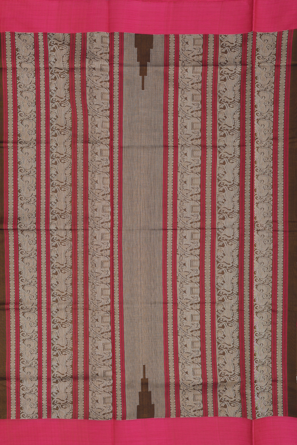 Silk Cotton Saree In Greenish Brown With Peacock Buttas