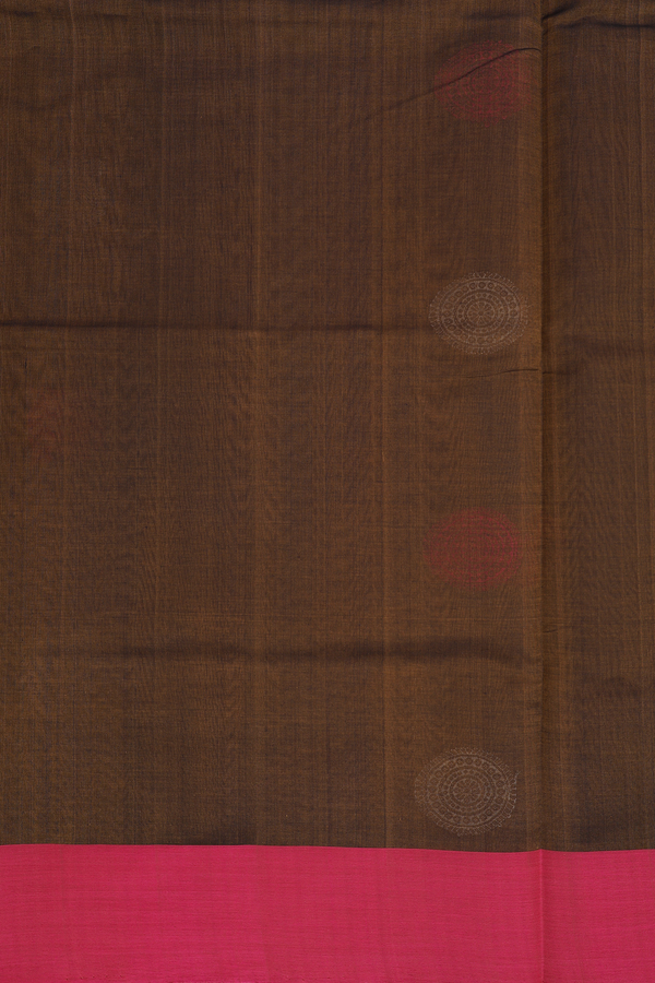 Silk Cotton Saree In Greenish Brown With Peacock Buttas
