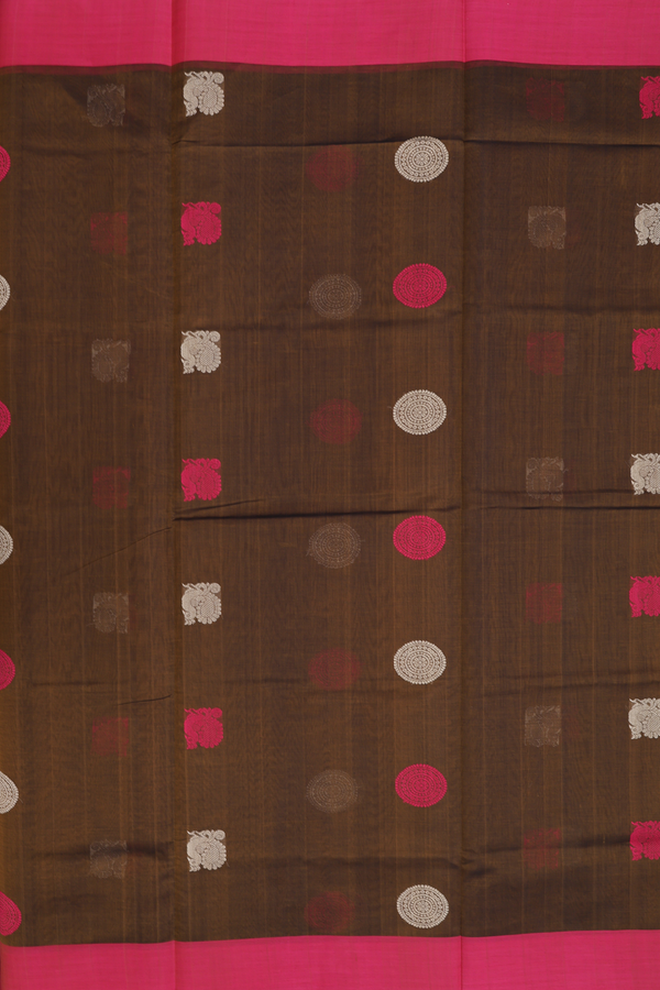 Silk Cotton Saree In Greenish Brown With Peacock Buttas