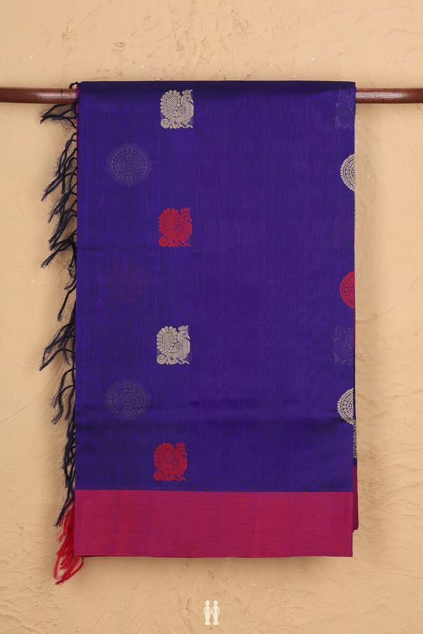 Traditional Silk Cotton Saree In Blue With Peacock Buttas