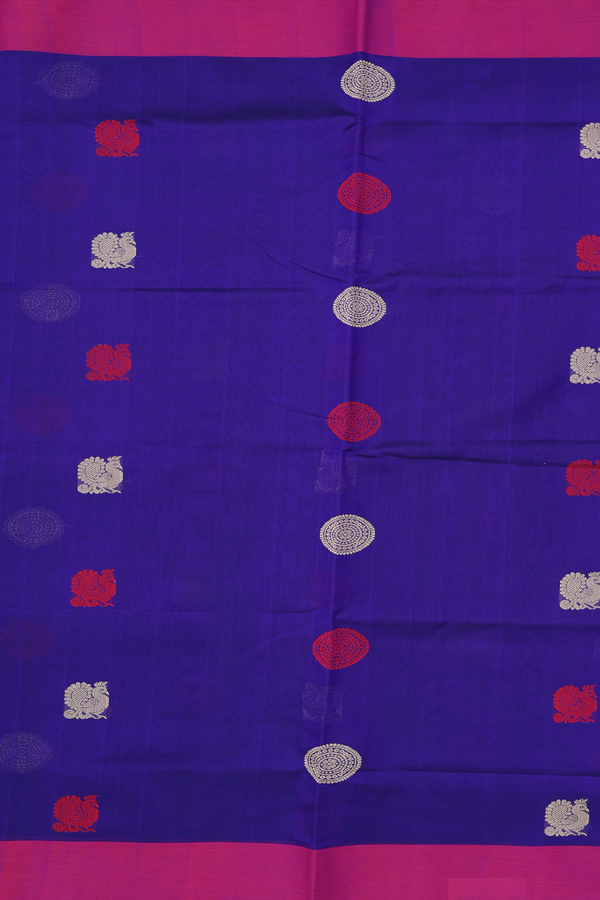 Traditional Silk Cotton Saree In Blue With Peacock Buttas