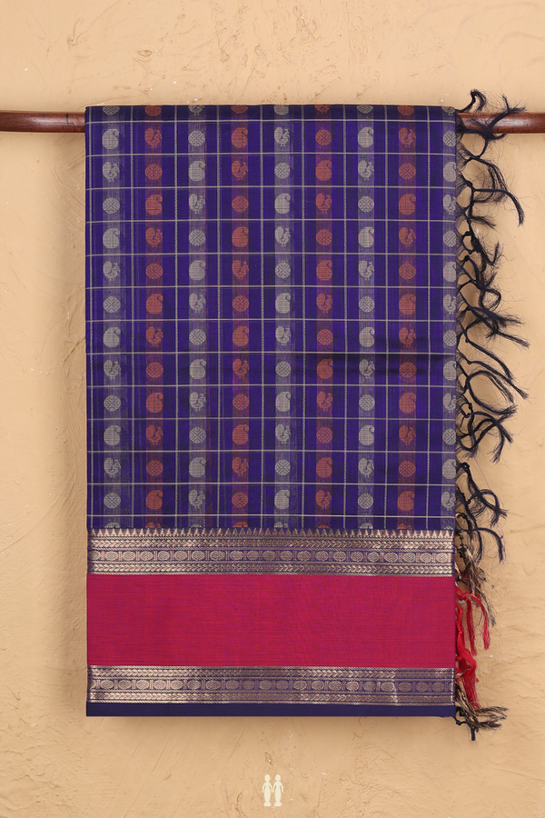 Traditional Silk Cotton Saree In Royal Blue With Checks Design