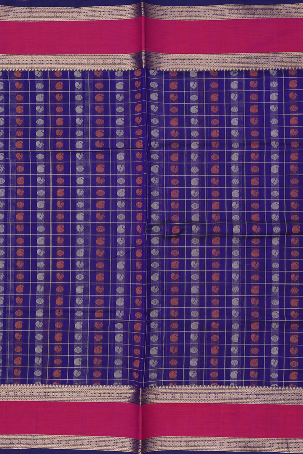 Traditional Silk Cotton Saree In Royal Blue With Checks Design