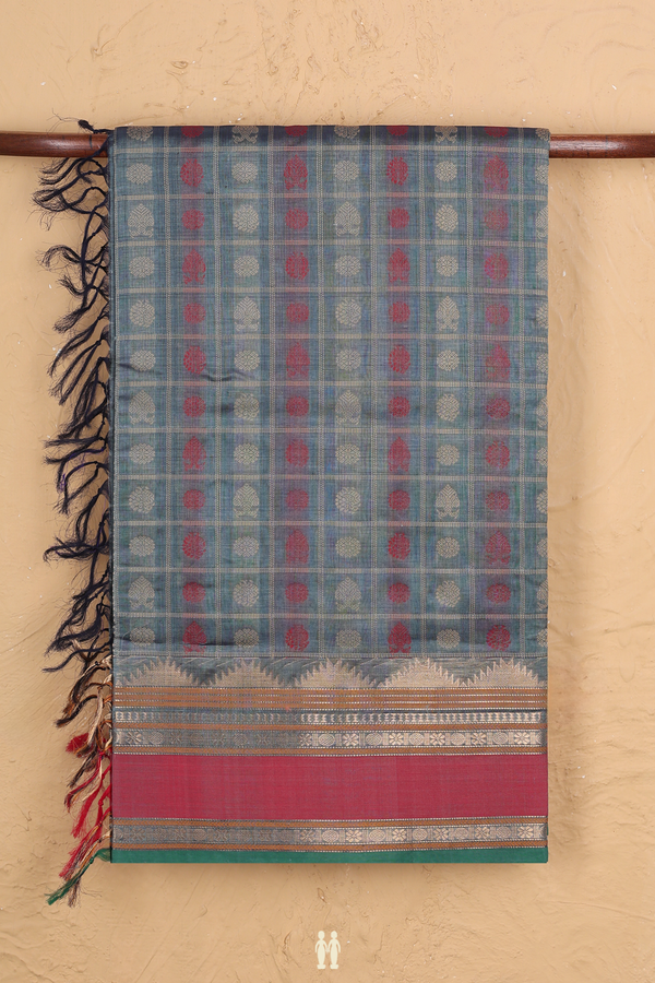 Silk Cotton Saree In Aegean Blue With Checks Design