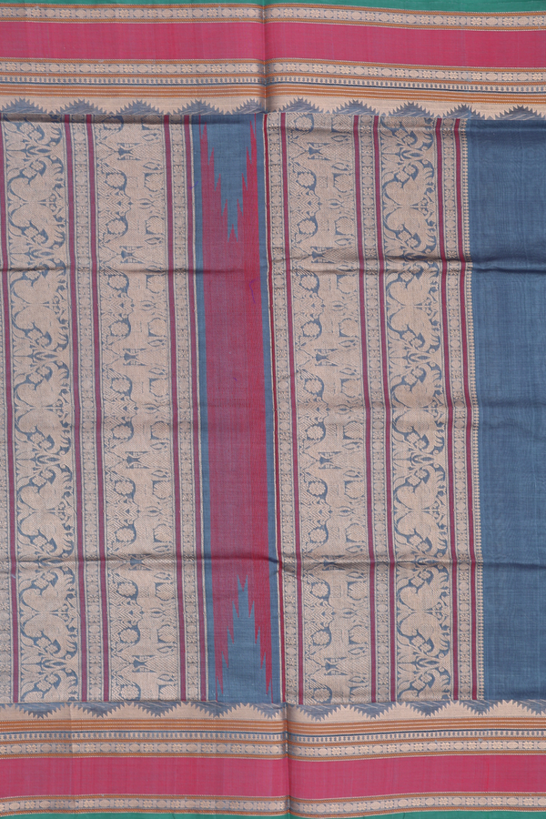 Silk Cotton Saree In Aegean Blue With Checks Design