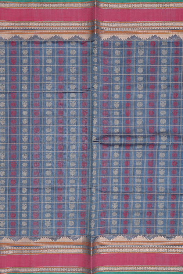 Silk Cotton Saree In Aegean Blue With Checks Design