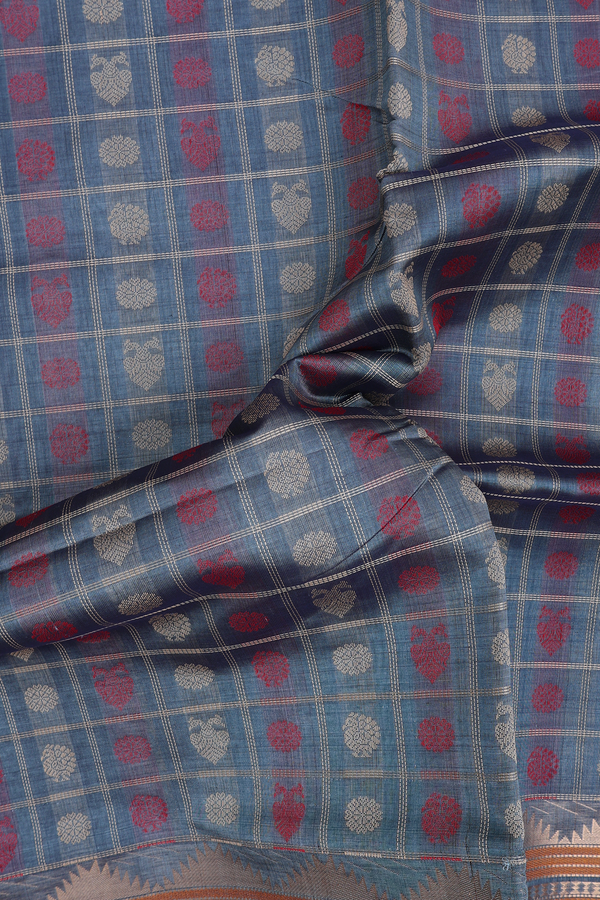 Silk Cotton Saree In Aegean Blue With Checks Design