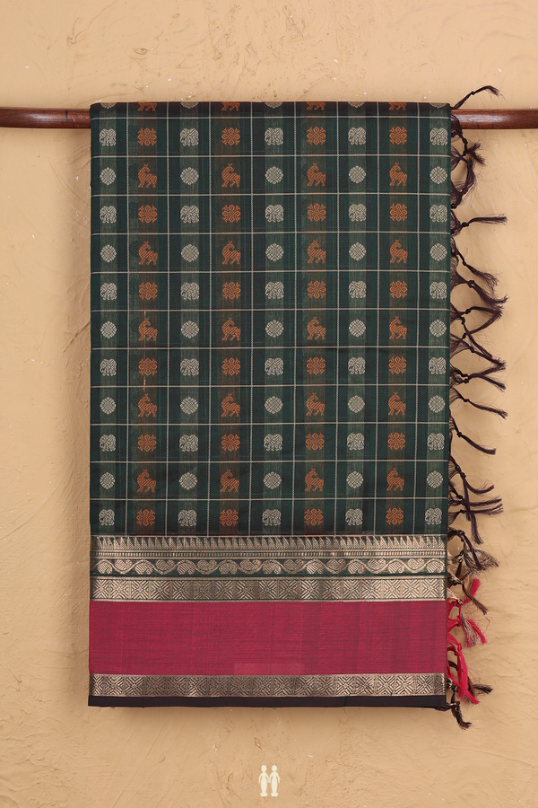 Traditional Silk Cotton Saree In Green With Checks Design