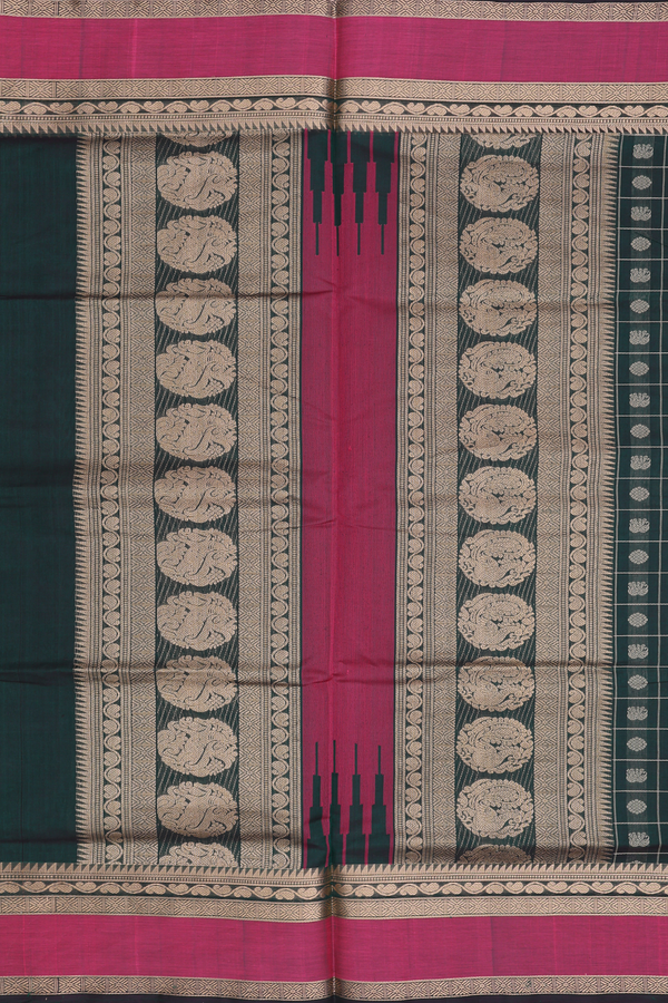 Traditional Silk Cotton Saree In Green With Checks Design