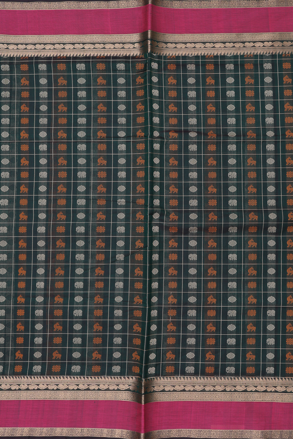 Traditional Silk Cotton Saree In Green With Checks Design