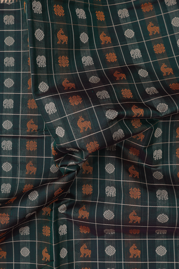 Traditional Silk Cotton Saree In Green With Checks Design