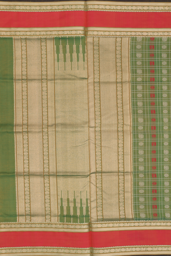 Traditional Silk Cotton Saree In Green With Checks Design