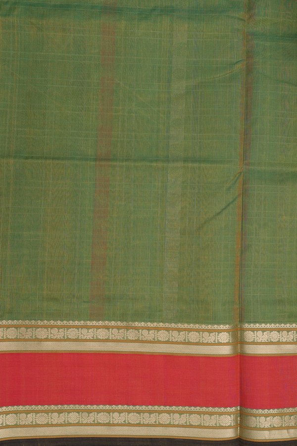 Traditional Silk Cotton Saree In Green With Checks Design