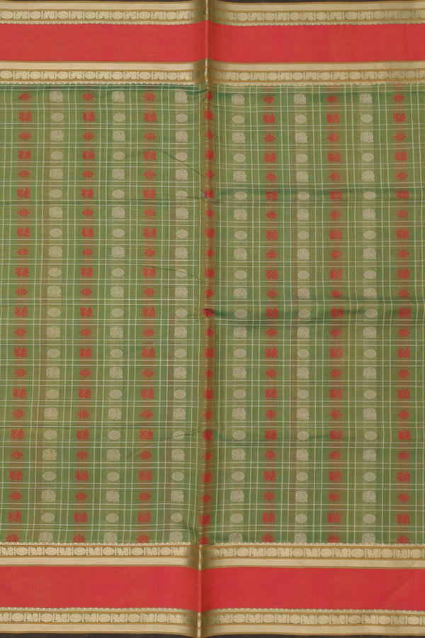 Traditional Silk Cotton Saree In Green With Checks Design