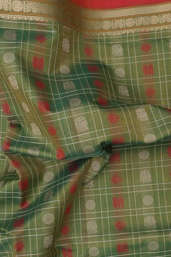 Traditional Silk Cotton Saree In Green With Checks Design
