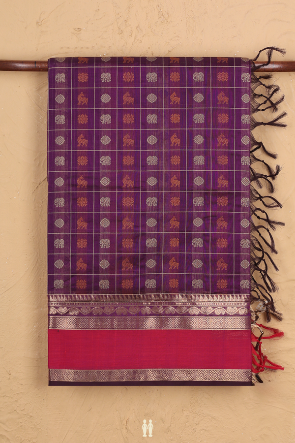 Traditional Silk Cotton Saree In Purple With Checks Design