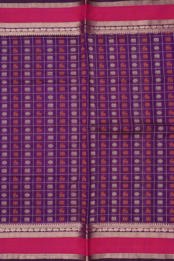 Traditional Silk Cotton Saree In Purple With Checks Design