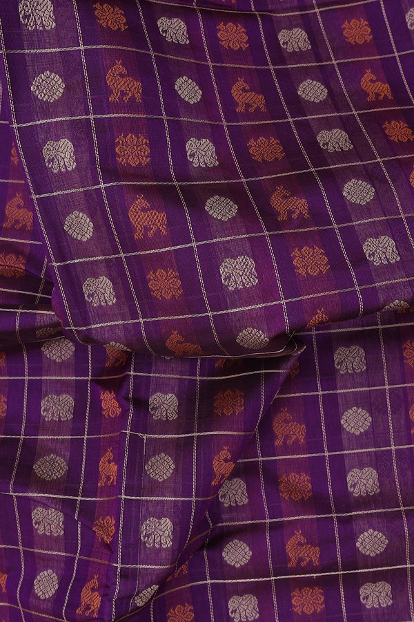 Traditional Silk Cotton Saree In Purple With Checks Design