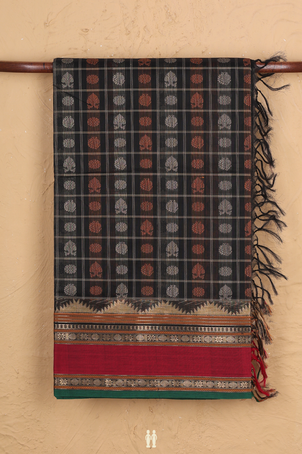 Traditional Silk Cotton Saree In Black With Checks Design