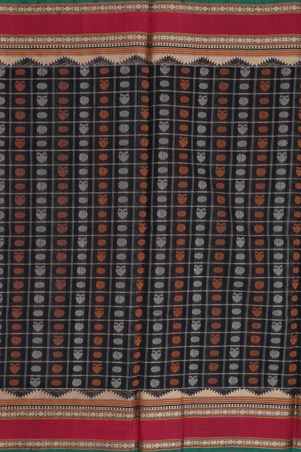 Traditional Silk Cotton Saree In Black With Checks Design