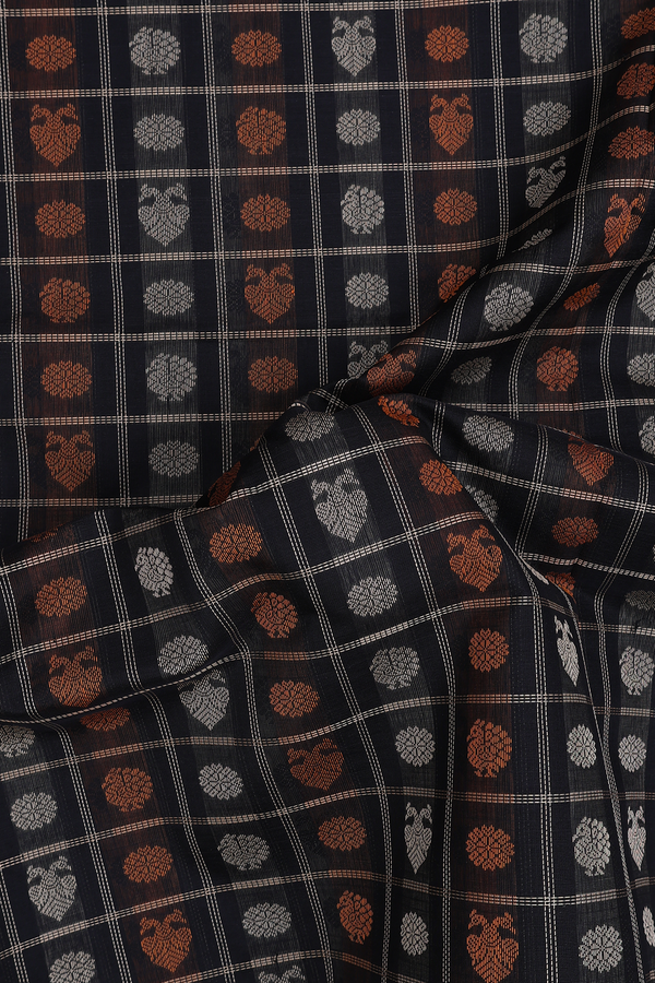 Traditional Silk Cotton Saree In Black With Checks Design