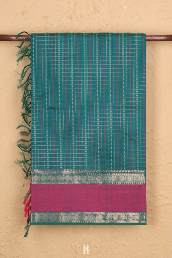 Traditional Silk Cotton Saree In Green With Checks Design