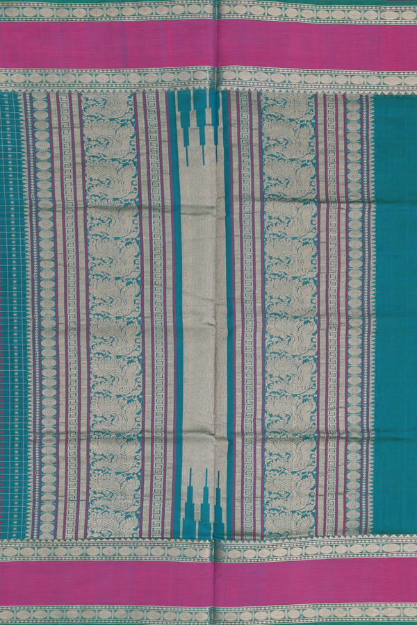 Traditional Silk Cotton Saree In Green With Checks Design