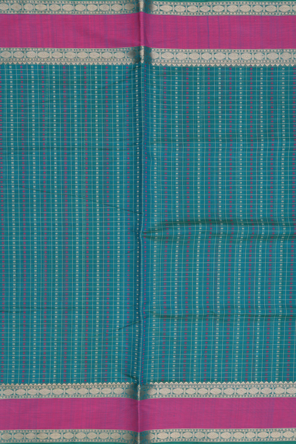 Traditional Silk Cotton Saree In Green With Checks Design
