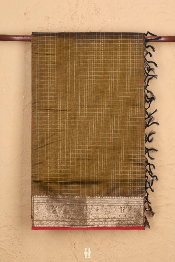 Silk Cotton Saree In Greenish Brown With Checks Design