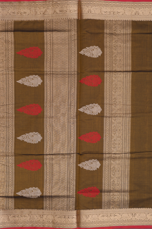 Silk Cotton Saree In Greenish Brown With Checks Design