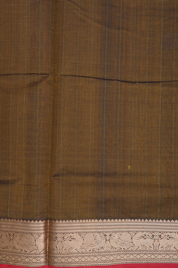 Silk Cotton Saree In Greenish Brown With Checks Design