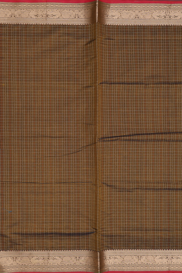 Silk Cotton Saree In Greenish Brown With Checks Design