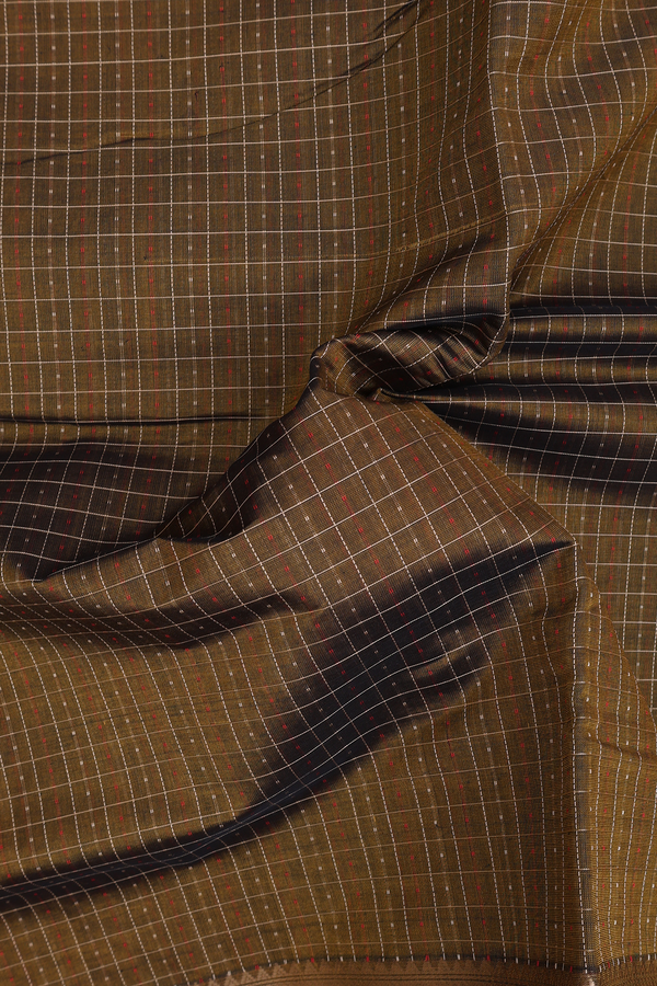 Silk Cotton Saree In Greenish Brown With Checks Design