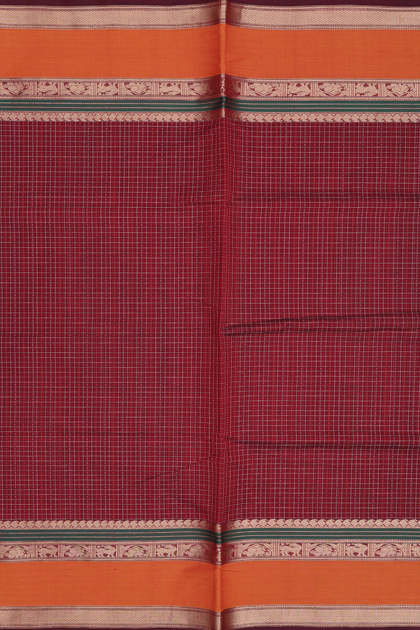 Traditional Silk Cotton Saree In Maroon With Checks Design