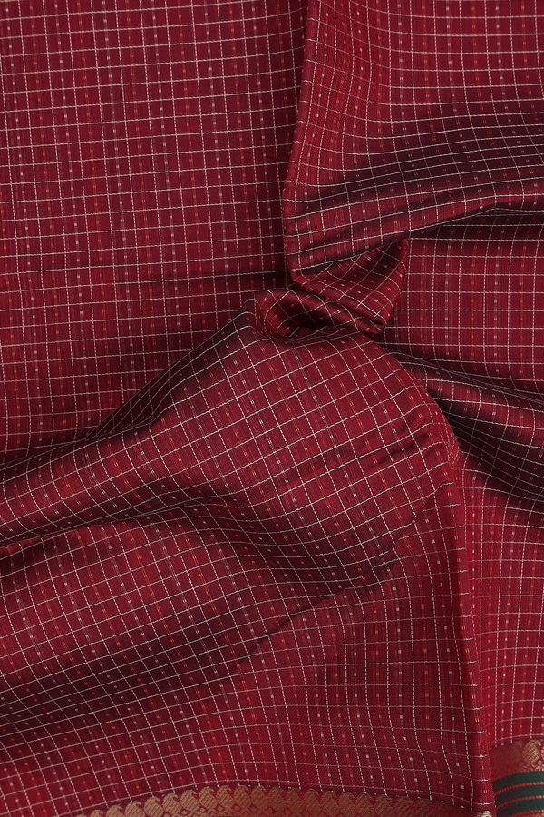 Traditional Silk Cotton Saree In Maroon With Checks Design