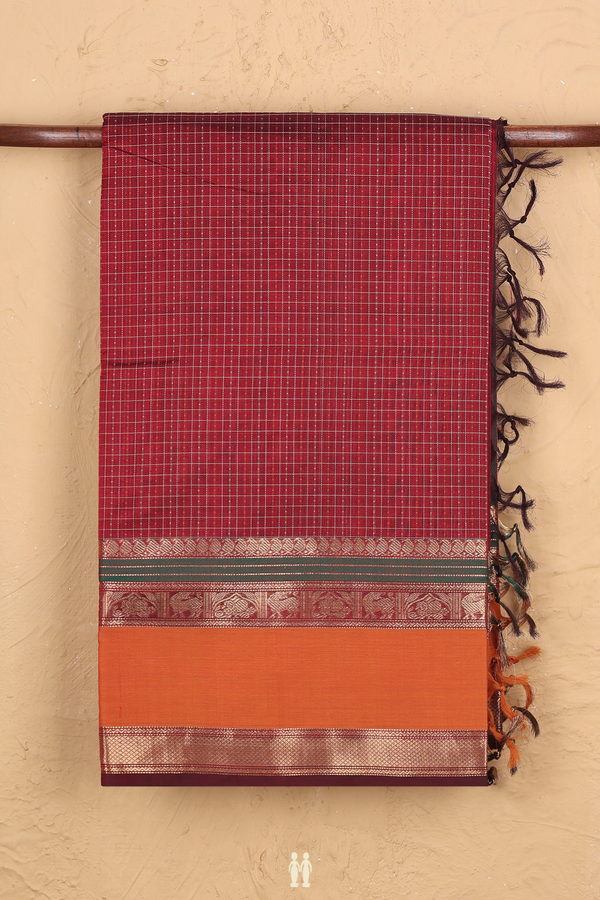 Traditional Silk Cotton Saree In Maroon With Checks Design