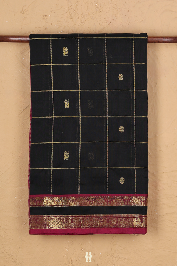 Silk Cotton Saree In Black Along Checks With Buttas